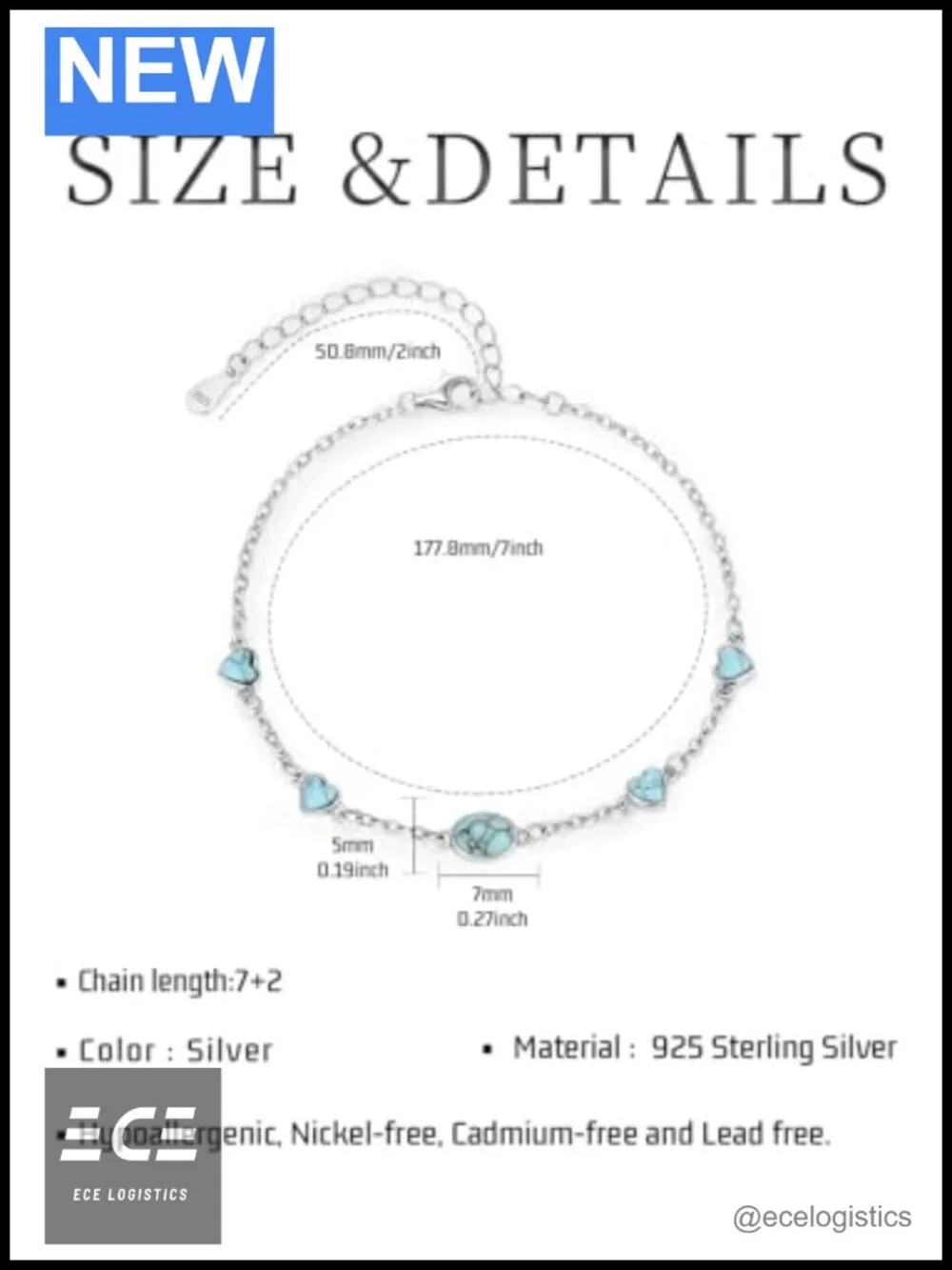 Turquoise and 925 Sterling Silver Heart Link Bracelet Adjustable Lobster Claw